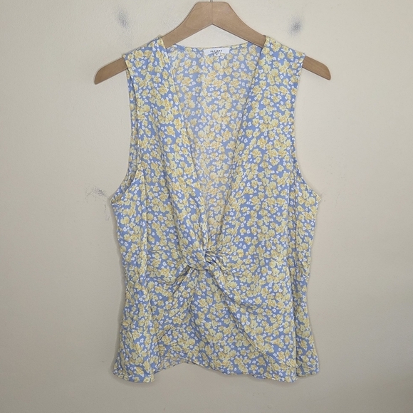 Pleione | Blue & Yellow Floral Twist Front Deep V-neck Tank Blouse Size XL - Picture 1 of 7